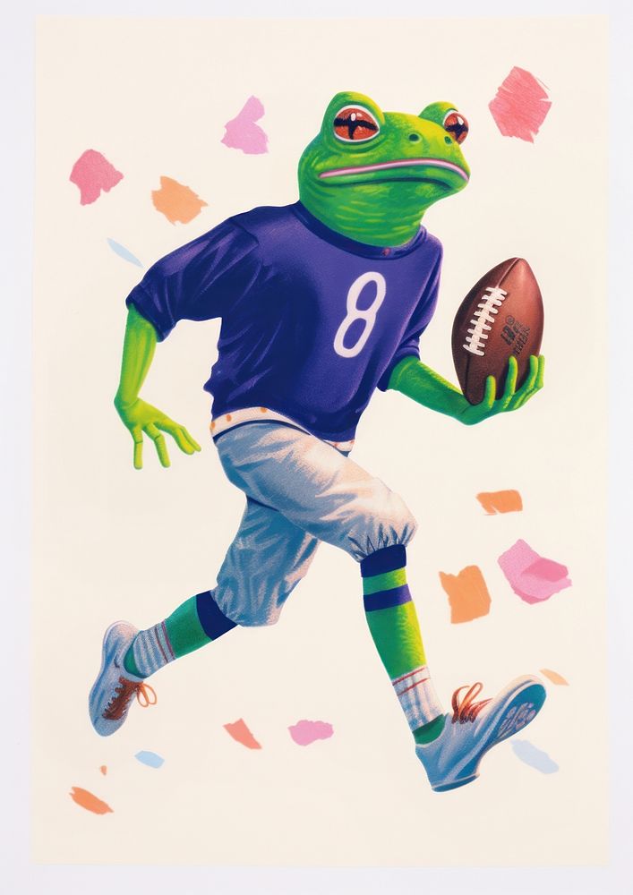 A cartoon Frog holding a american football painting drawing sports. AI generated Image by rawpixel.