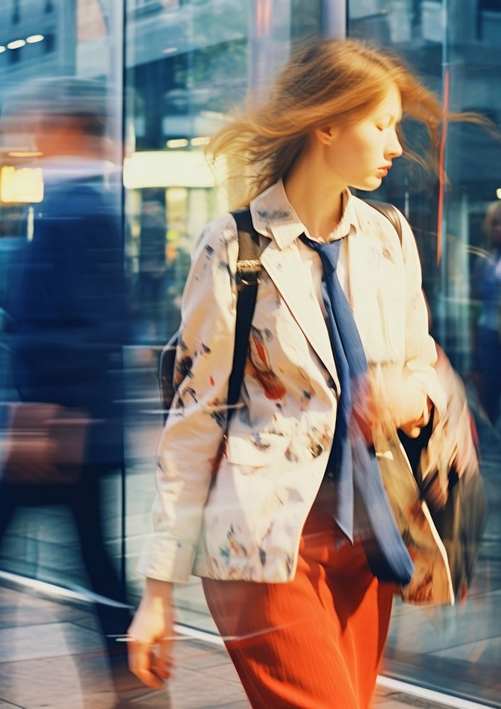 Motion blur businesswoman walking across the street portrait jacket coat.