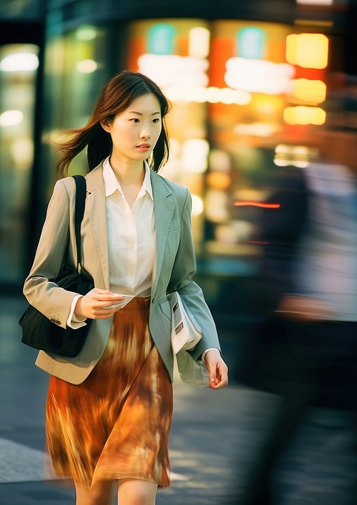 Motion blur businesswoman walking across the street portrait blazer coat.
