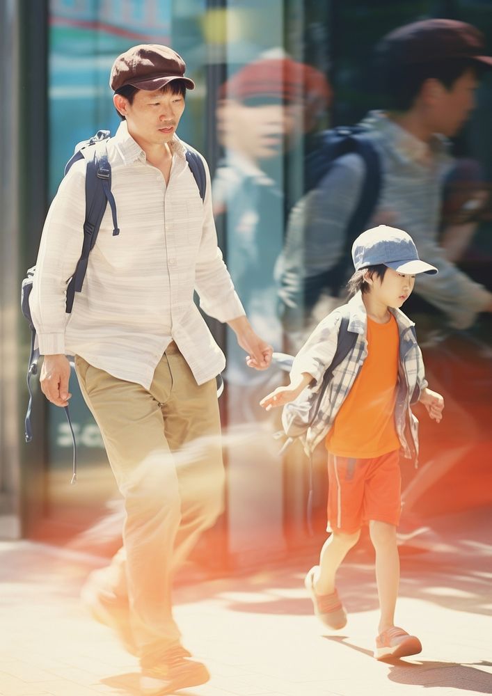 Motion blur dad and son walking on street adult men togetherness.