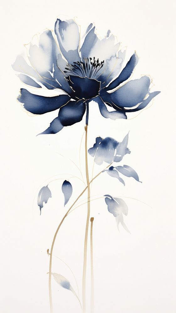 Indigo flower with gold sparkle chinese brush painting blossom petal.