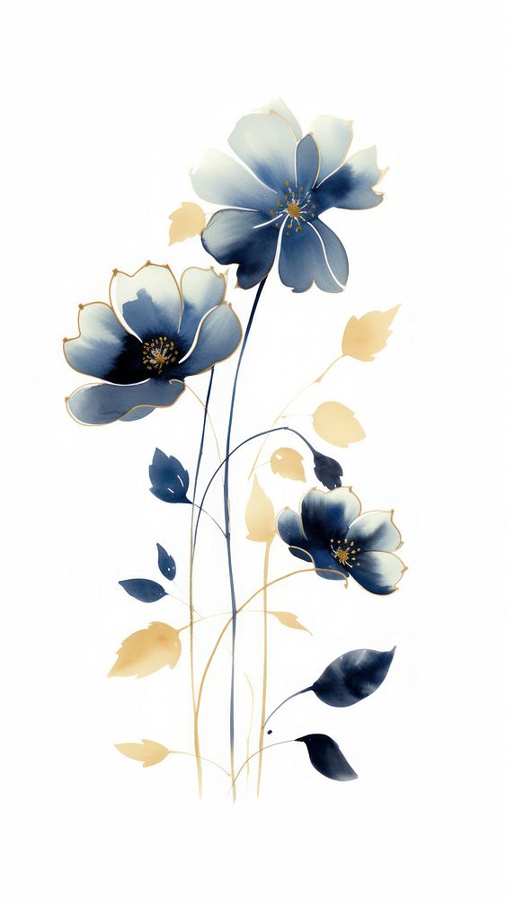 Indigo flower with gold sparkle chinese brush painting pattern plant.