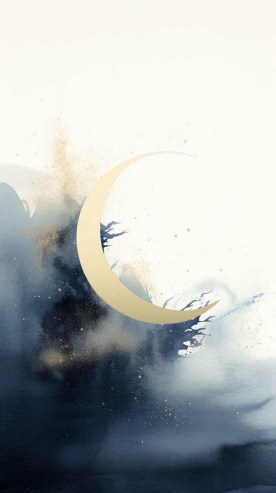Indigo moon with gold sparkle chinese brush water astronomy abstract.