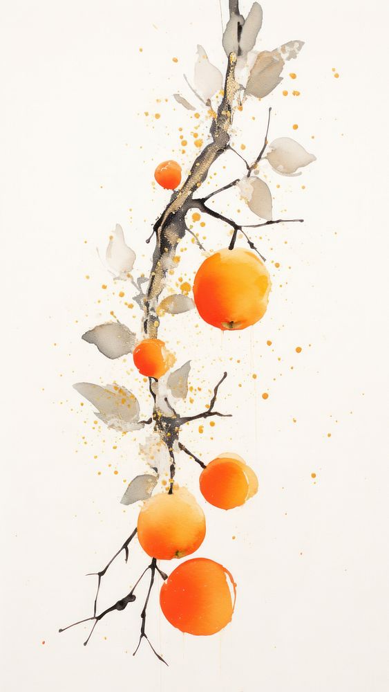 Persimmon with gold glitter chinese brush painting apricot fruit.