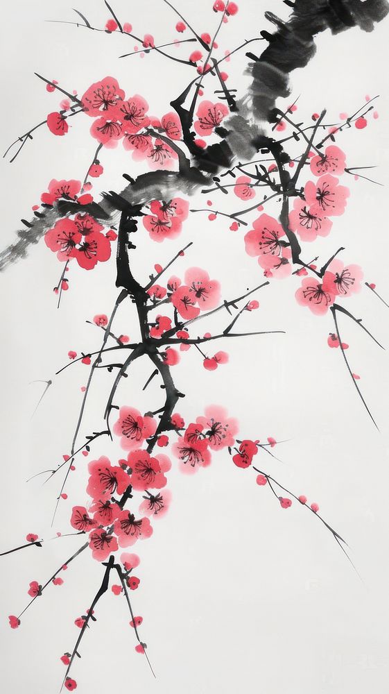 Plum blossom chinese brush painting flower plant.
