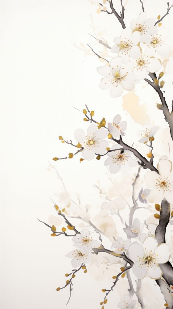 Plum blossom with gold glitter chinese brush flower plant white.