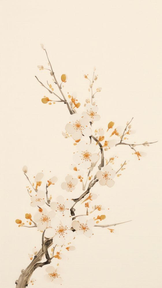 Plum blossom with gold glitter chinese brush flower plant white.
