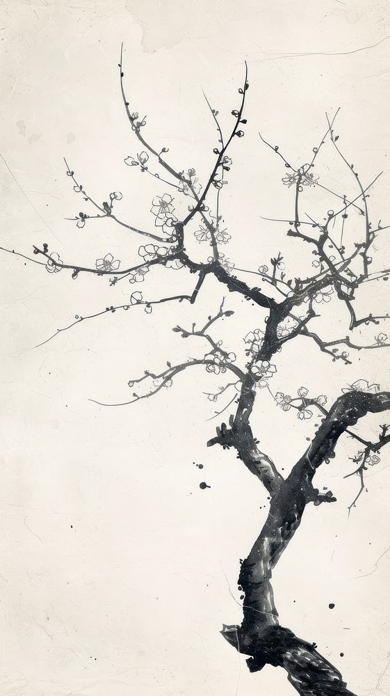 Plum tree chinese brush painting drawing sketch.