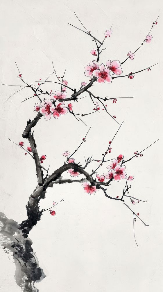Plum tree chinese brush painting blossom flower.