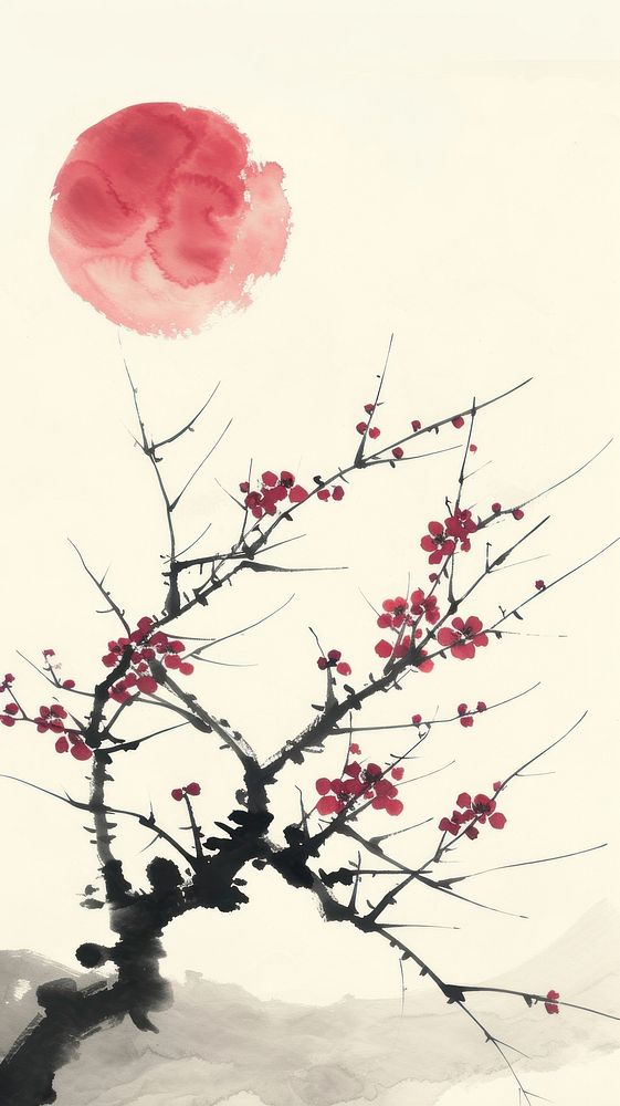 Plum tree chinese brush painting blossom flower.