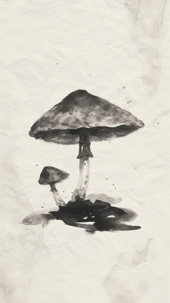 Reishi mushroom chinese brush drawing fungus sketch.