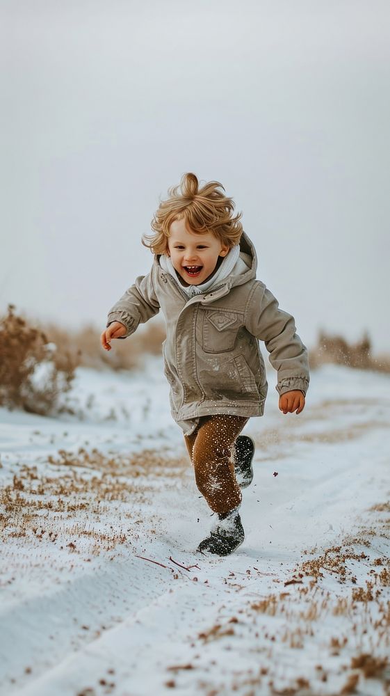 Kid running outdoors nature child. 