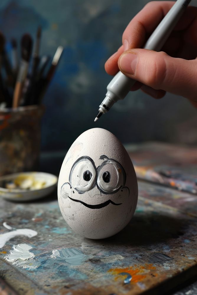 Painting egg with face brush pen art.