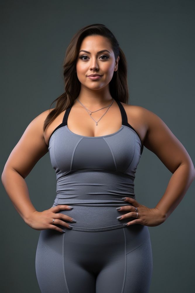 Plus size sport woman in fitness photography portrait spandex.