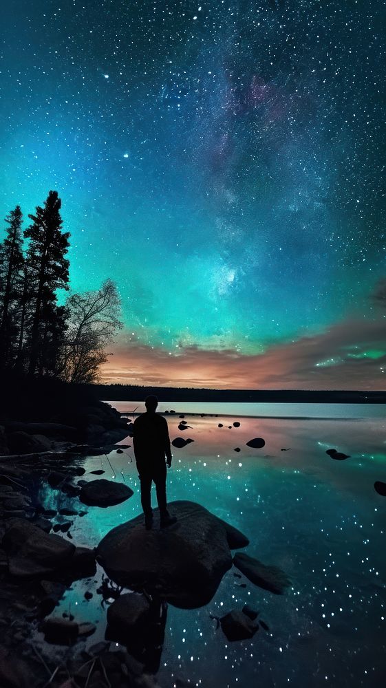  Aurora and starry night silhouette landscape outdoors. AI generated Image by rawpixel.