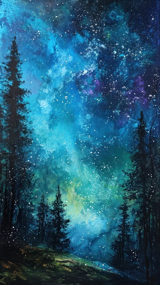  Aurora and starry night outdoors woodland painting. 