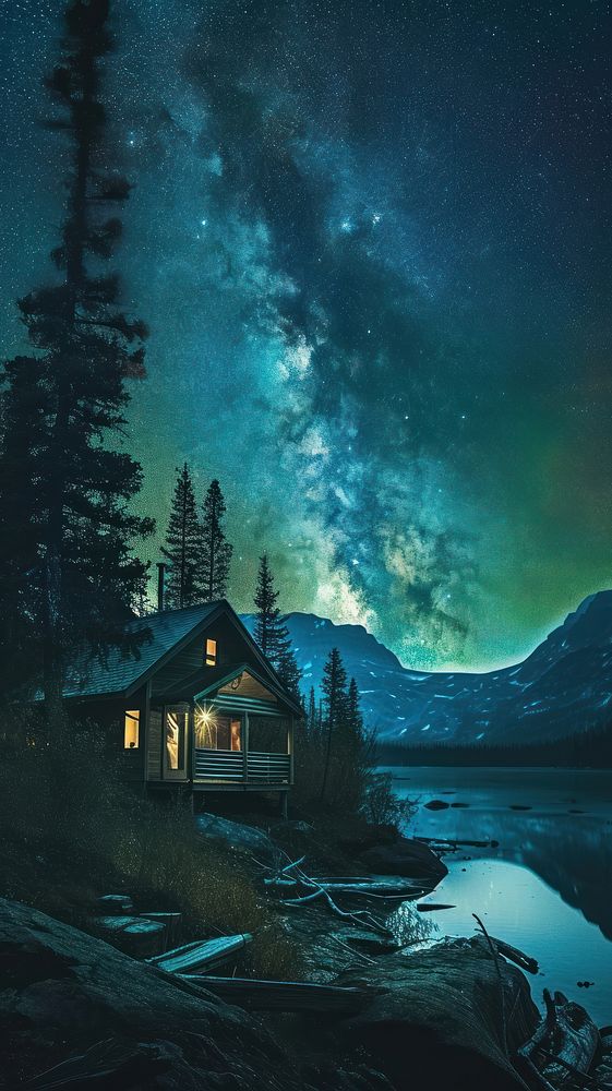  Aurora and starry night architecture building outdoors. AI generated Image by rawpixel.