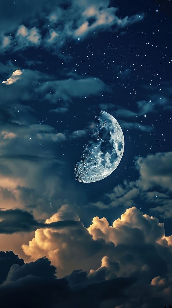 Bright crescent moon with cloud and starry night astronomy outdoors nature. AI generated Image by rawpixel.