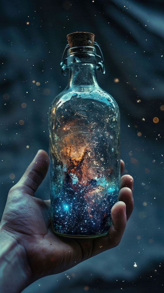  Galaxy in a Bottle bottle holding galaxy. AI generated Image by rawpixel.