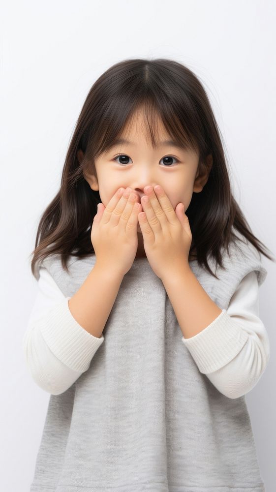 Covering mouth with hands child girl white background.