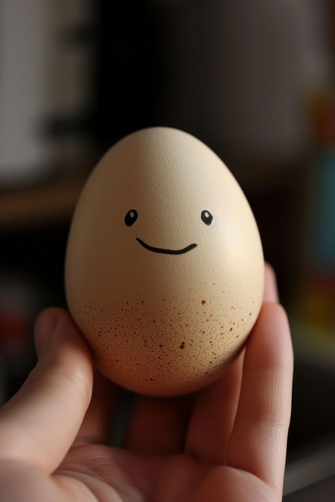 Real egg with face anthropomorphic representation celebration.
