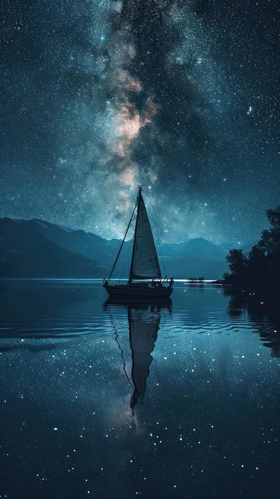  Starry night with boat sailing on the calm lake astronomy sailboat outdoors. AI generated Image by rawpixel.