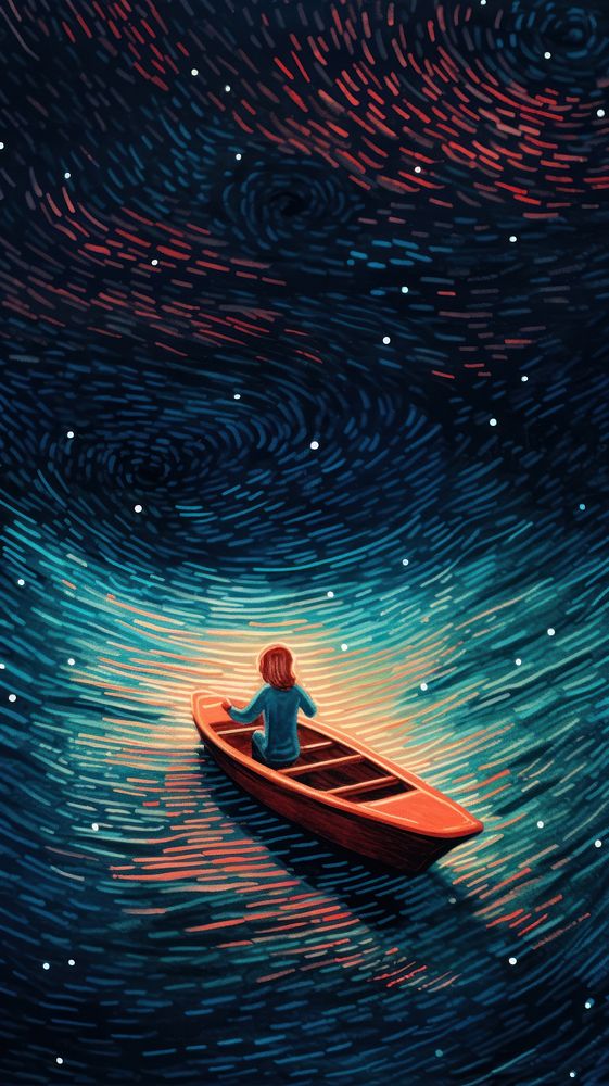  A boy Rowing a boat on the galaxy river vehicle transportation illuminated. AI generated Image by rawpixel.