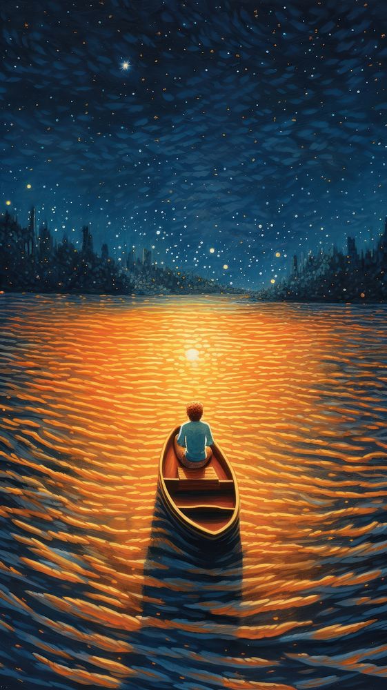  A boy Rowing a boat on the galaxy river vehicle canoe transportation. AI generated Image by rawpixel.
