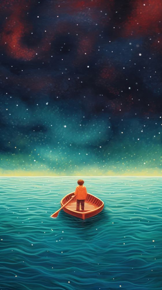  A boy Rowing a boat on the galaxy river outdoors vehicle nature. AI generated Image by rawpixel.