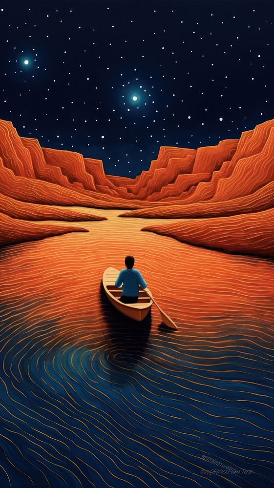  A boy Rowing a boat on the galaxy river canoe transportation tranquility. AI generated Image by rawpixel.