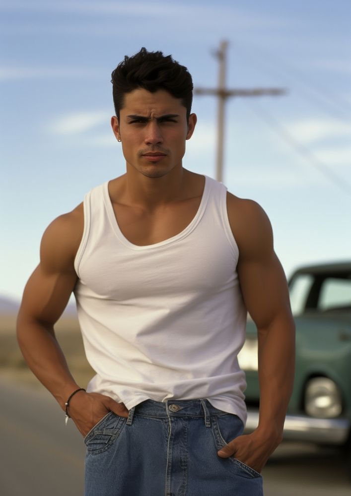White tank top and jeans poses adult standing vehicle.