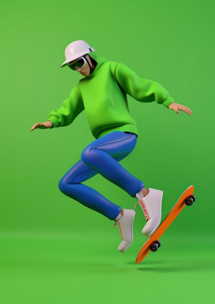 Man wearing 90s skater outfit skateboard fashion helmet. AI generated Image by rawpixel.