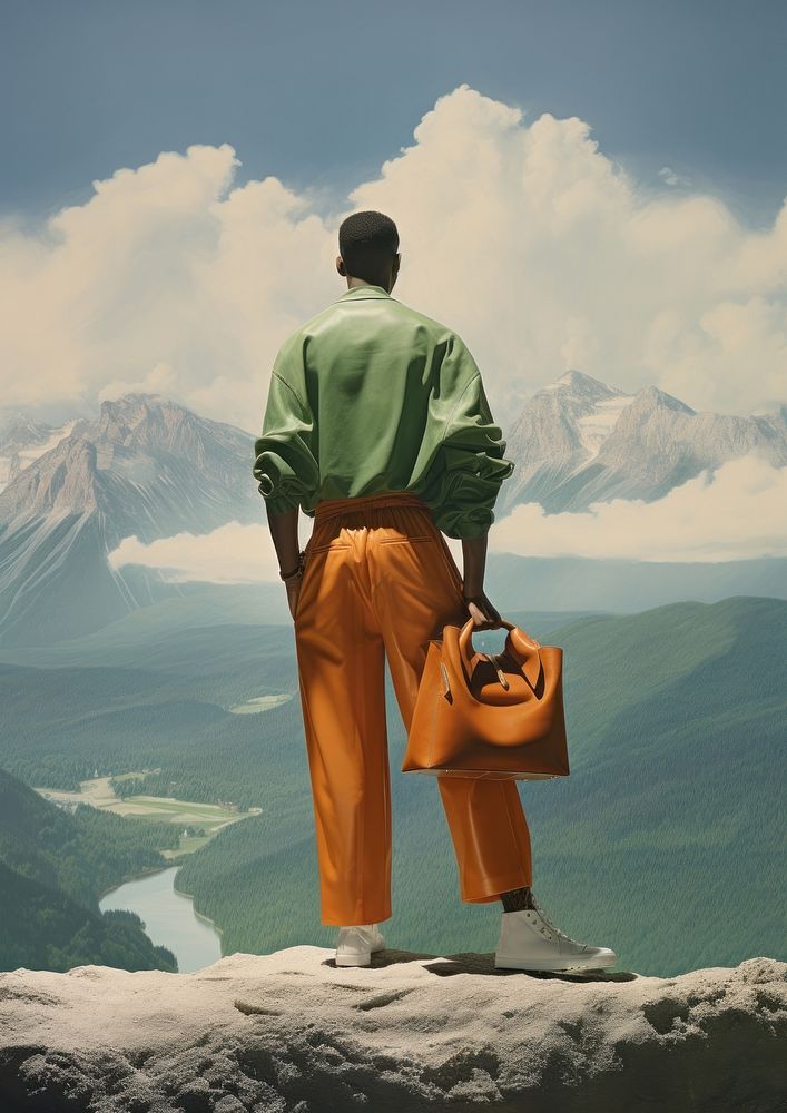 The guy in green carries a brown Brandname bag mountain adventure standing. AI generated Image by rawpixel.
