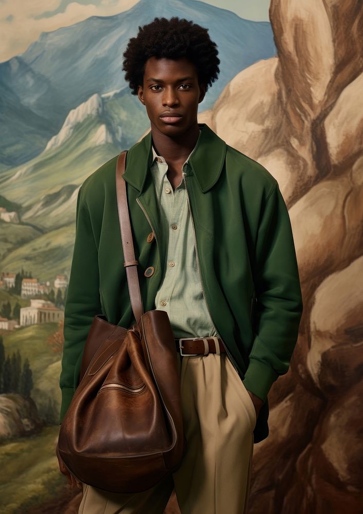 The guy in green carries a brown Brandname bag portrait handbag fashion. AI generated Image by rawpixel.