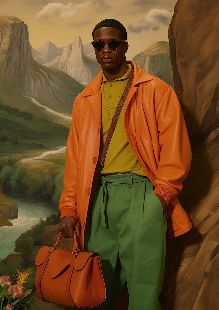 The guy in green carries a brown Brandname bag portrait fashion adult. AI generated Image by rawpixel.