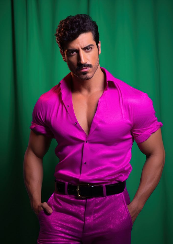 Hispanic man in vibrant pants portrait magenta purple.