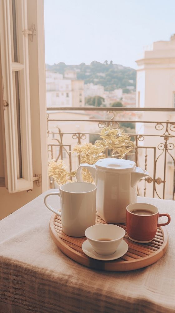 Tea set architecture windowsill furniture. AI generated Image by rawpixel.