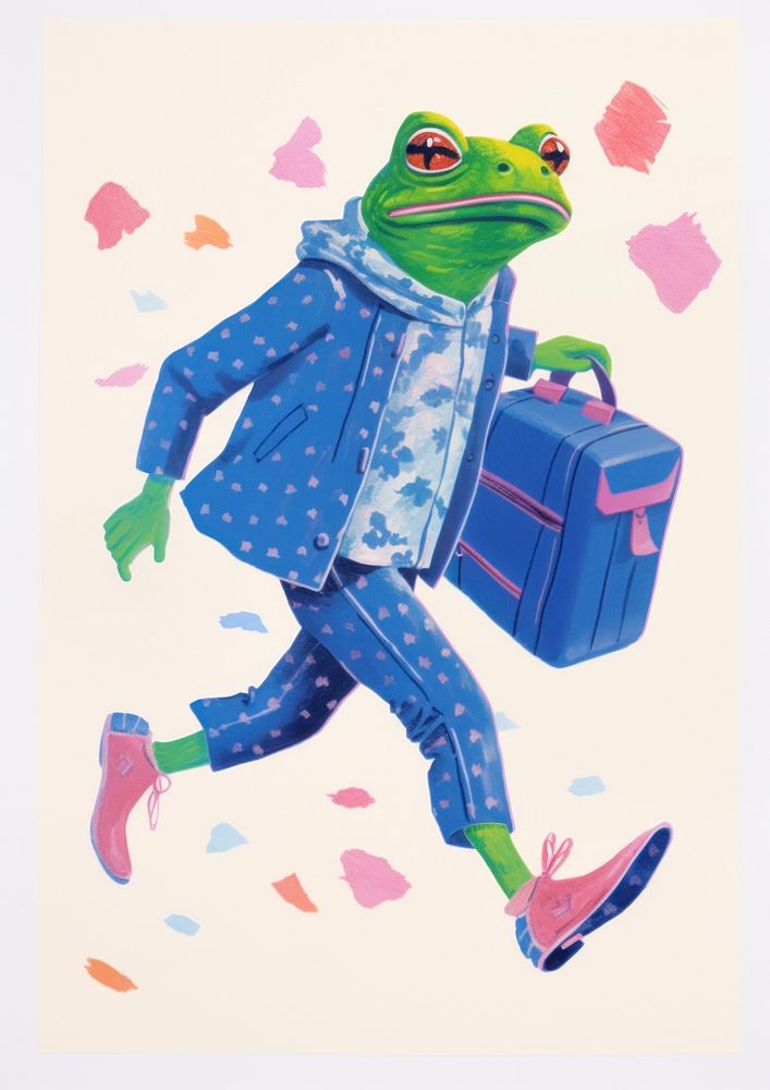 A cartoon Frog holding a business suitcase frog amphibian animal. AI generated Image by rawpixel.