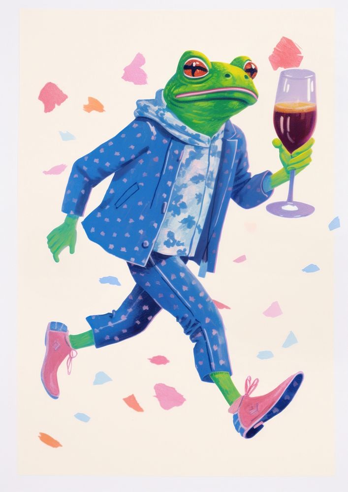 A cartoon Frog holding a red wine glass frog representation celebration. AI generated Image by rawpixel.
