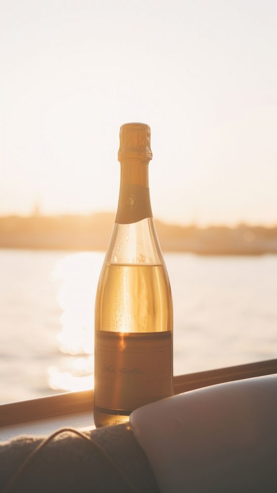 A bottle of champagne outdoors sunset glass. AI generated Image by rawpixel.