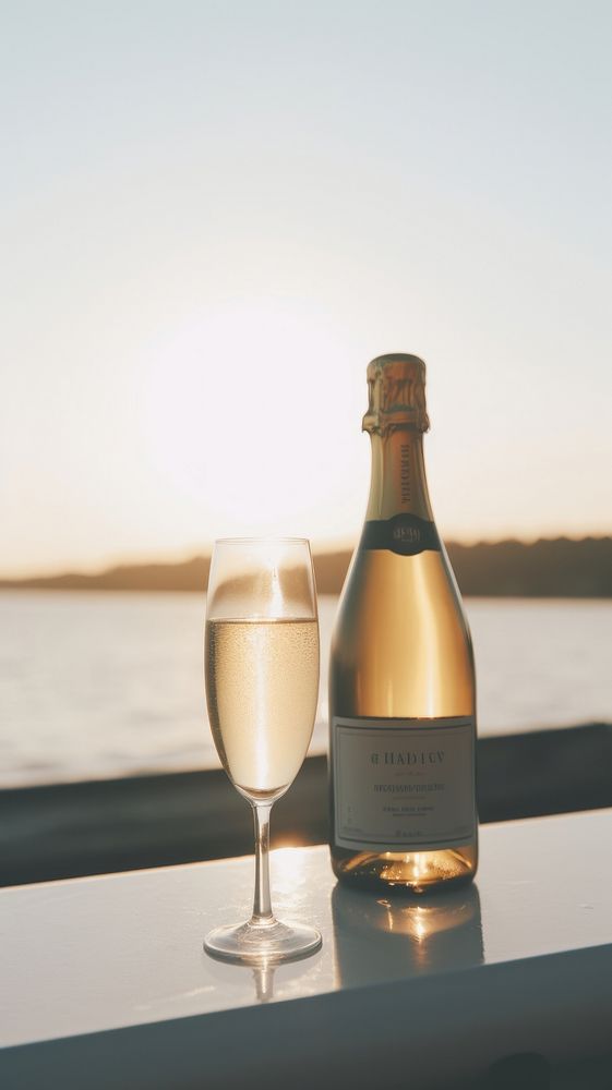 A bottle of champagne outdoors sunset glass. AI generated Image by rawpixel.