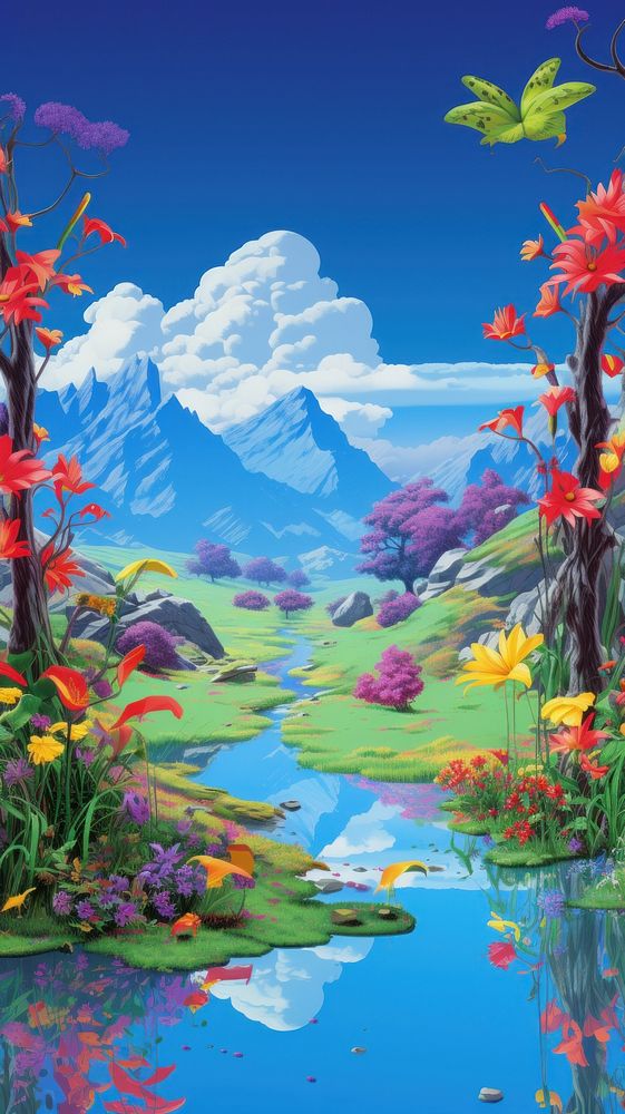  Digital wallpaper landscape outdoors painting. AI generated Image by rawpixel.
