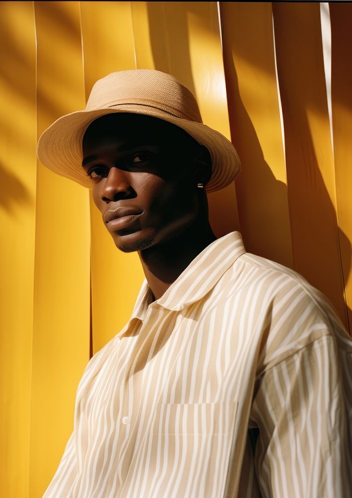 Black man wearing basketball cap white stripe shirt portrait fashion yellow. AI generated Image by rawpixel.