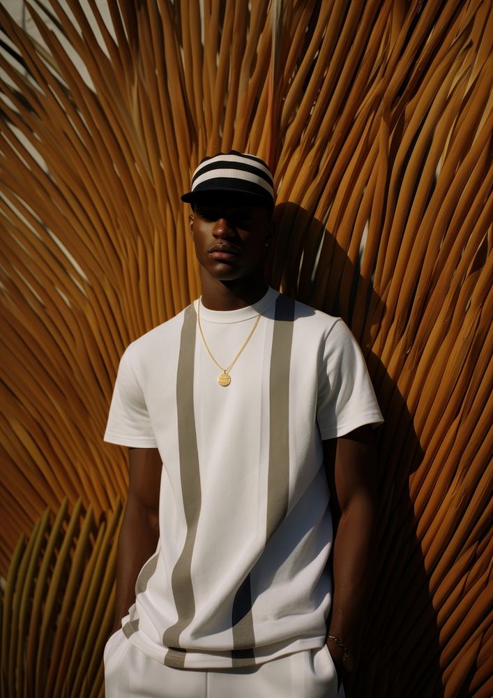 Black man wearing basketball cap white stripe shirt necklace fashion adult. AI generated Image by rawpixel.