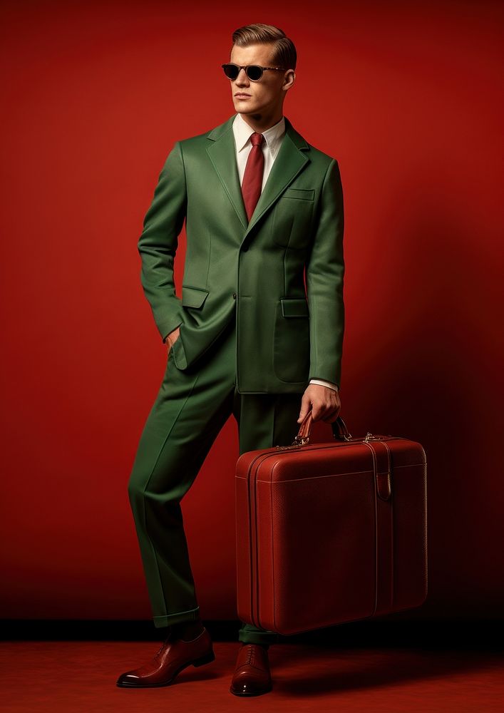 Brown and black suit carrying a red case briefcase fashion blazer. AI generated Image by rawpixel.