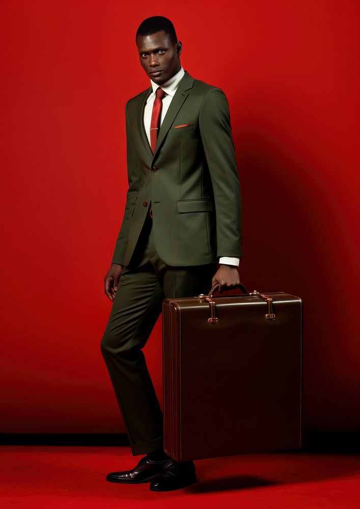Brown and black suit carrying a red case briefcase fashion adult. AI generated Image by rawpixel.