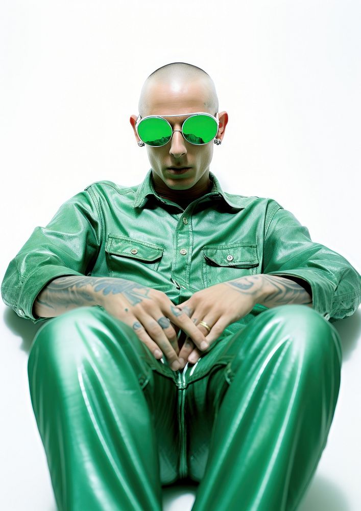 Skinhead man dyeing hair green and sunglasses fashion sitting adult. AI generated Image by rawpixel.
