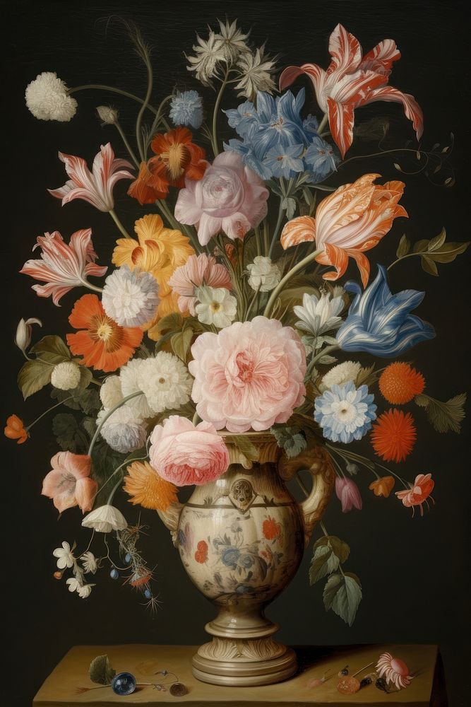 Illustration of Jan Van Kessel a vase of flower painting art table.