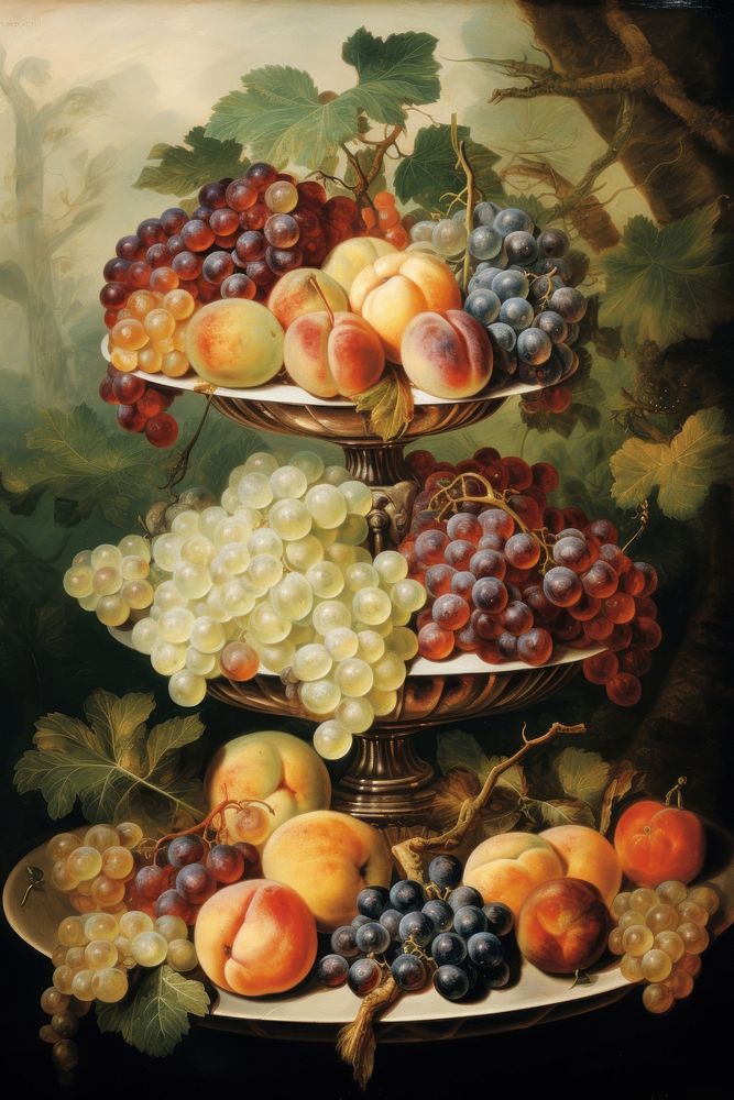 Illustration of Jan Van Kessel fruit tray painting grapes peach.
