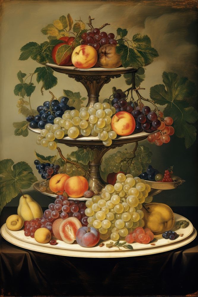 Illustration of Jan Van Kessel fruit tray painting grapes apple.